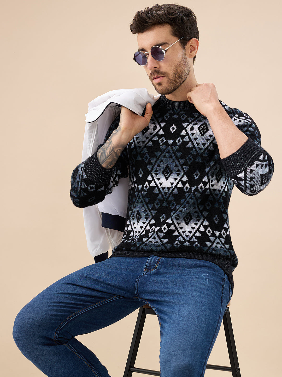 Mens All Over Fair Isle Round Neck Regular Fit Full Sleeves Sweater