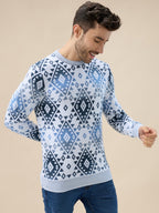 Mens All Over Fair Isle Round Neck Regular Fit Full Sleeves Sweater