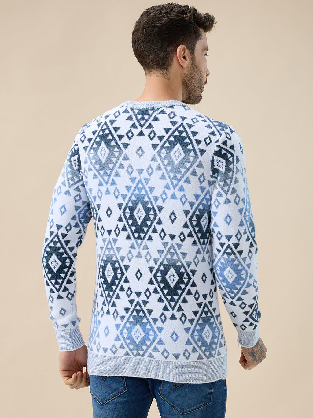 Mens All Over Fair Isle Round Neck Regular Fit Full Sleeves Sweater