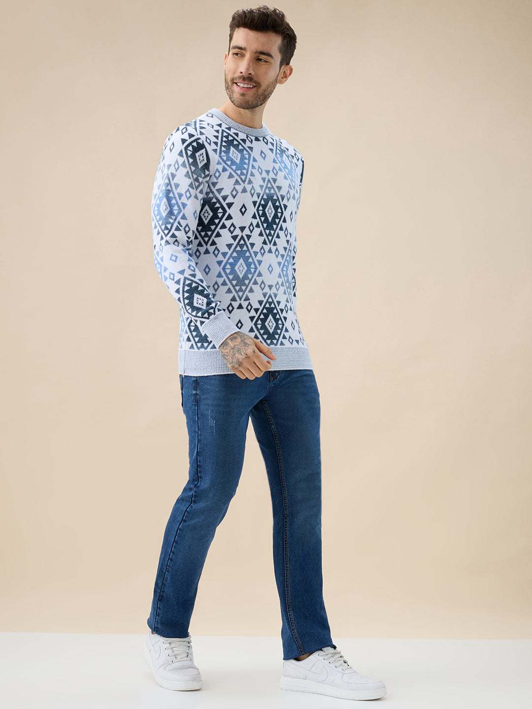 Mens All Over Fair Isle Round Neck Regular Fit Full Sleeves Sweater