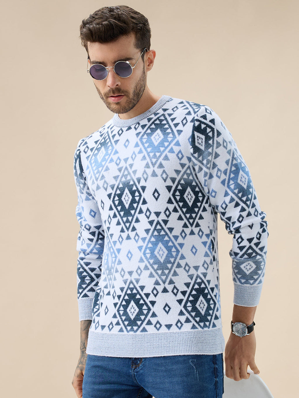 Mens All Over Fair Isle Round Neck Regular Fit Full Sleeves Sweater