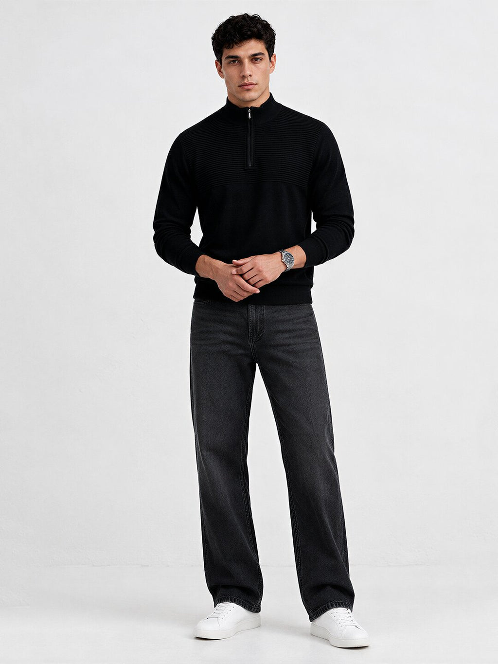 Men's Self Design High Neck Full Sleeve Sweater