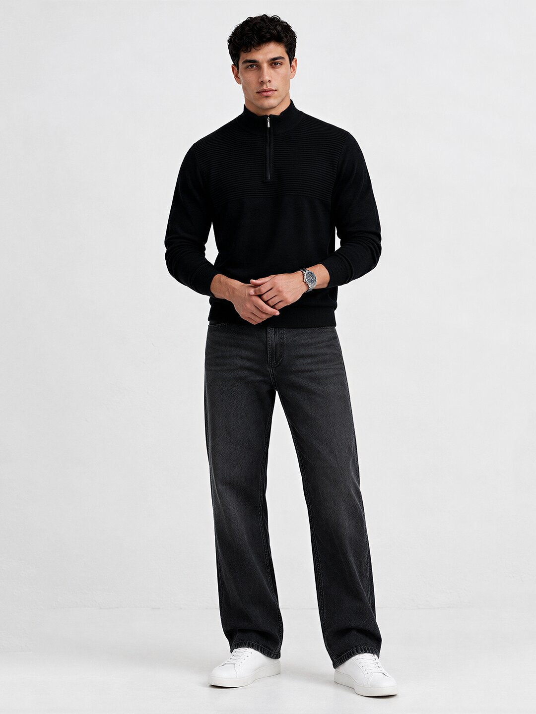 Men's Self Design High Neck Full Sleeve Sweater