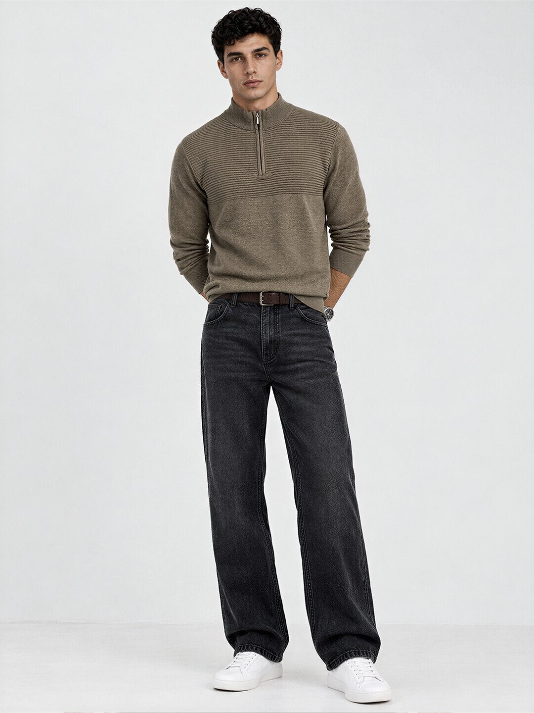 Men's Self Design High Neck Full Sleeve Sweater