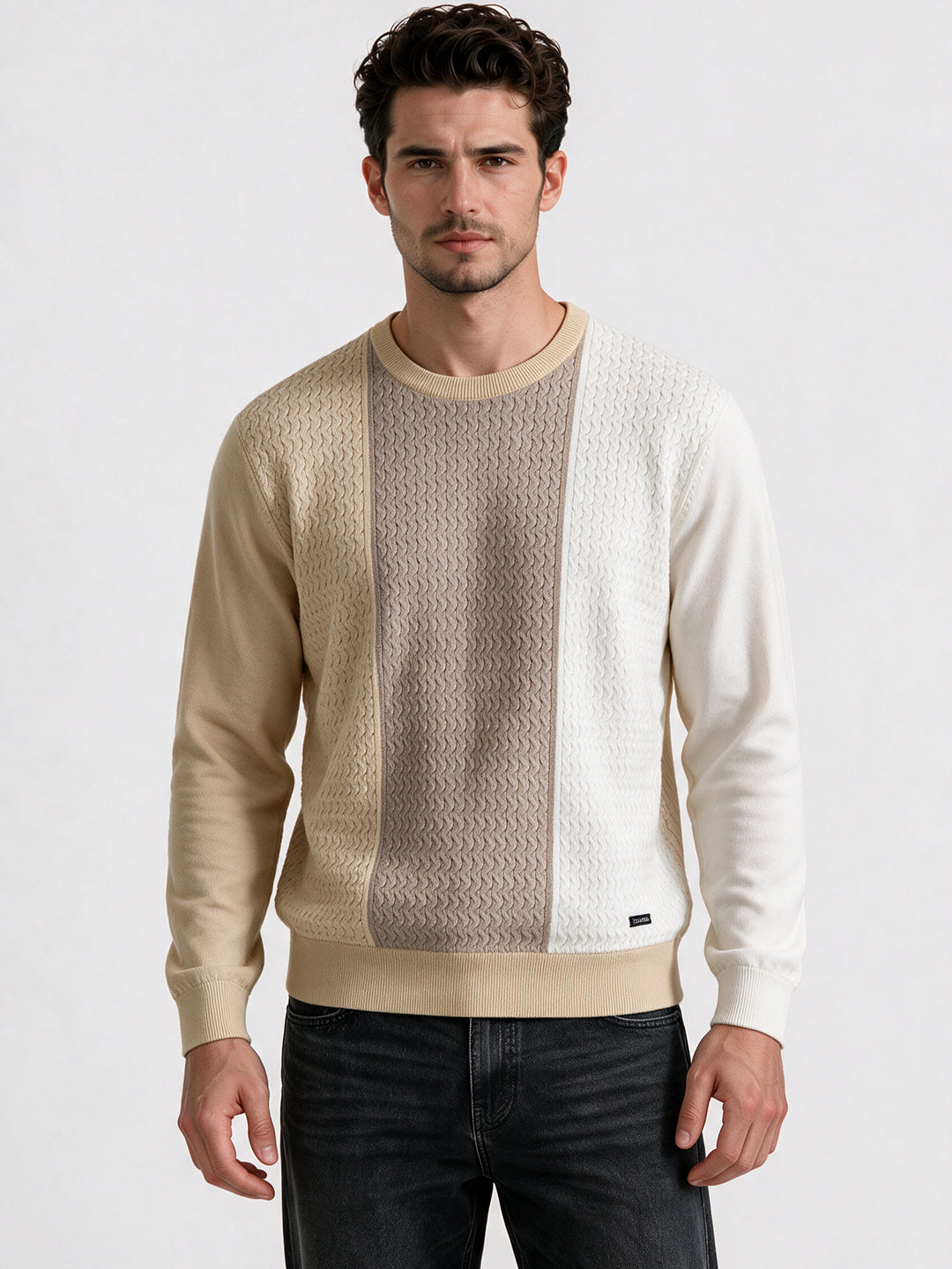 Beige Colourblock Cable Knit Sweater