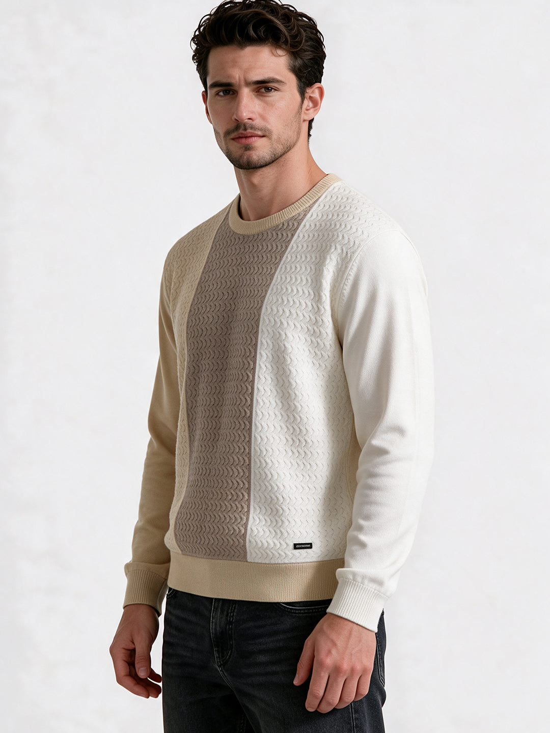 Beige Colourblock Cable Knit Sweater
