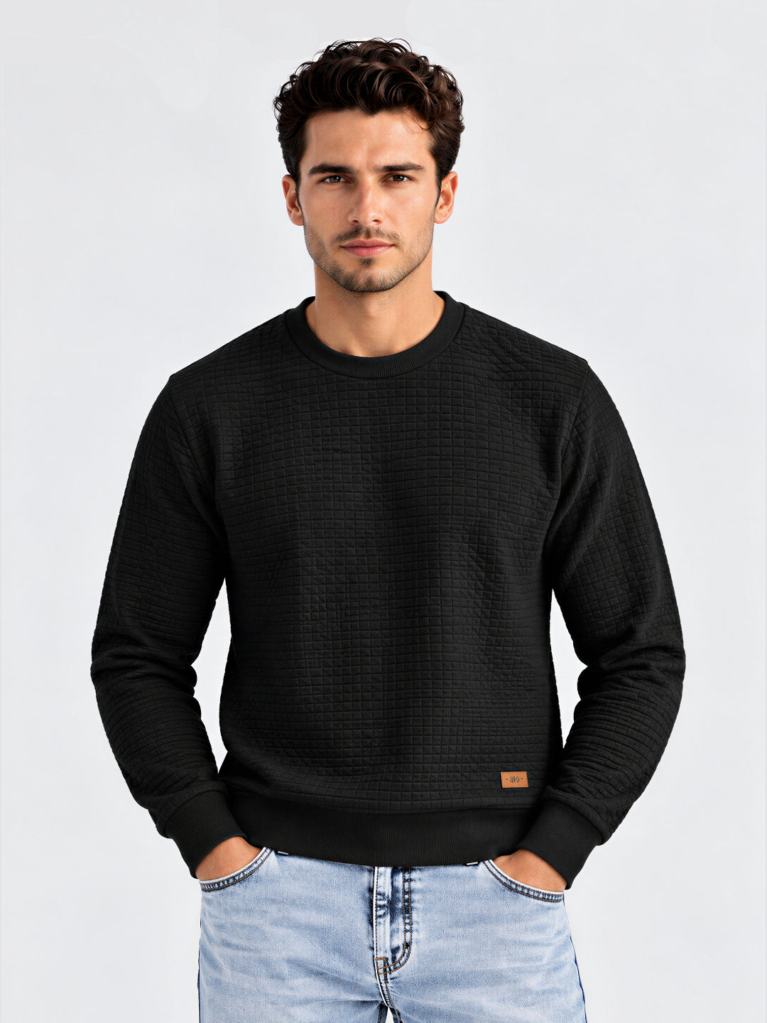 Black Textured Crew Sweater