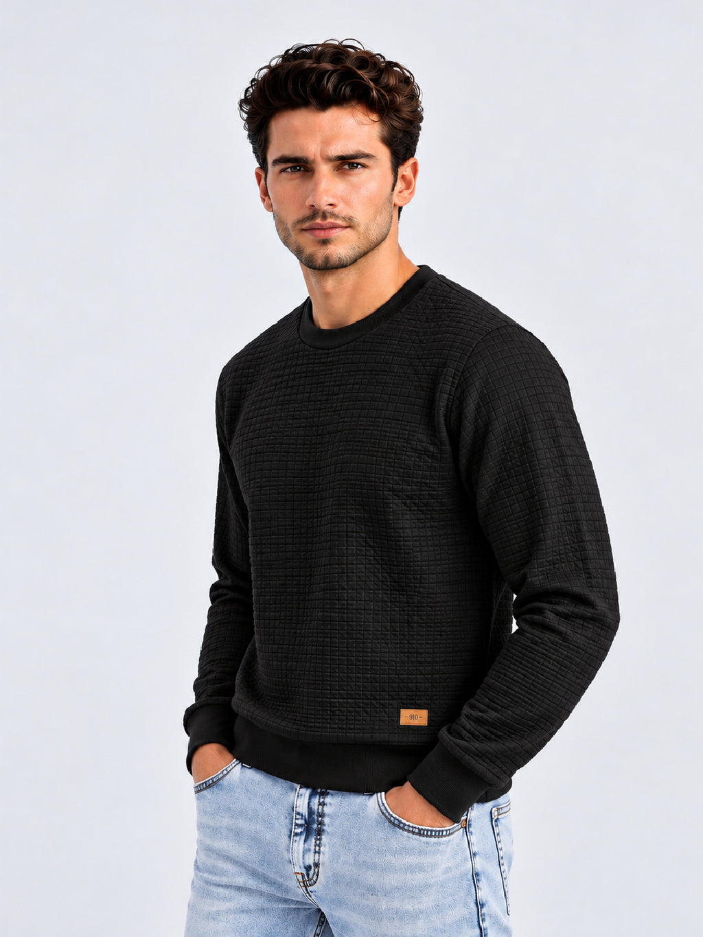 Black Textured Crew Sweater