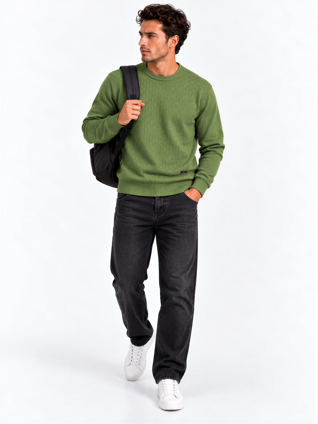 Sage Basketweave Crew Sweater