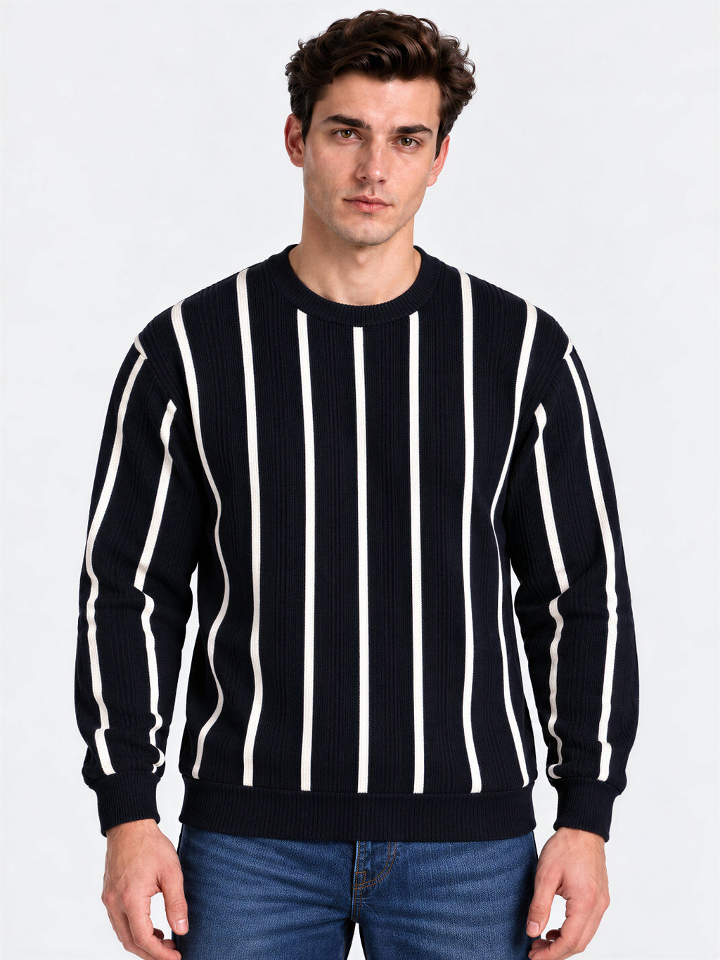 Navy Striped Round Neck Tshirt