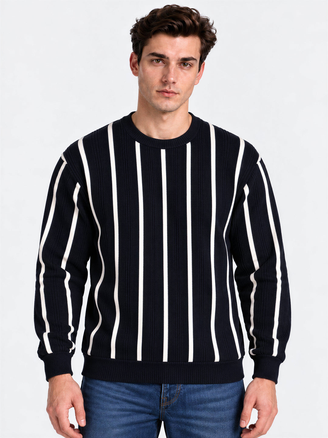 Navy Striped Round Neck Tshirt