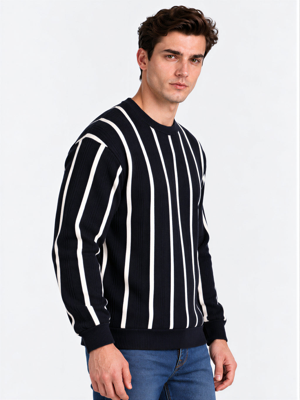 Navy Striped Round Neck Tshirt