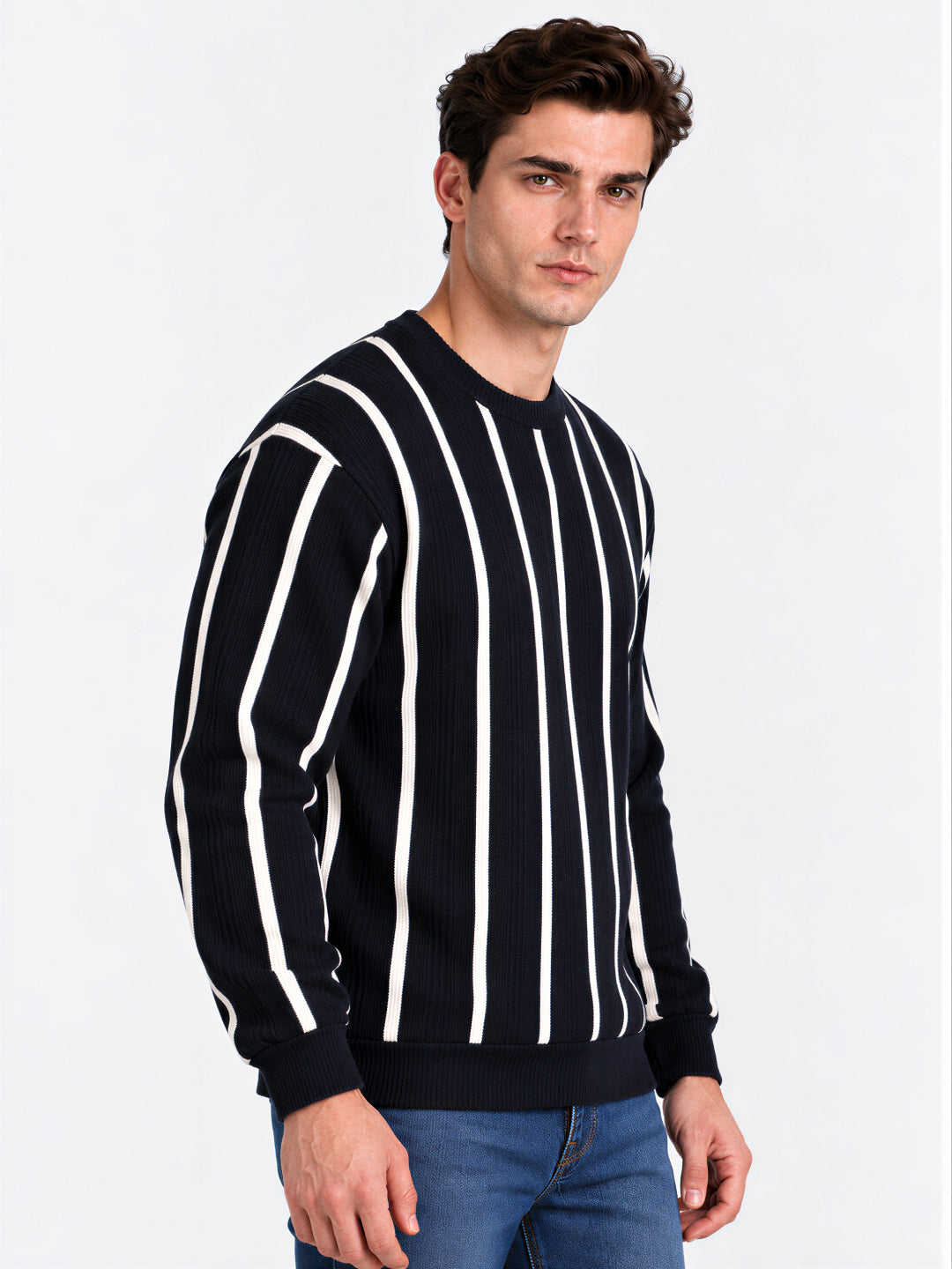 Navy Striped Round Neck Tshirt