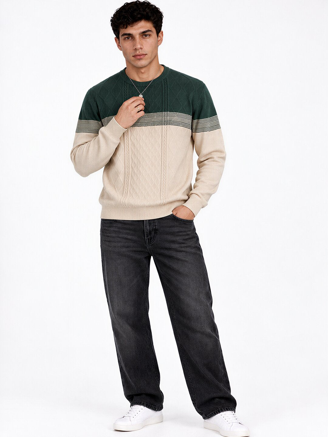 Men's Textured Striped Round Neck Regular Fit Sweater