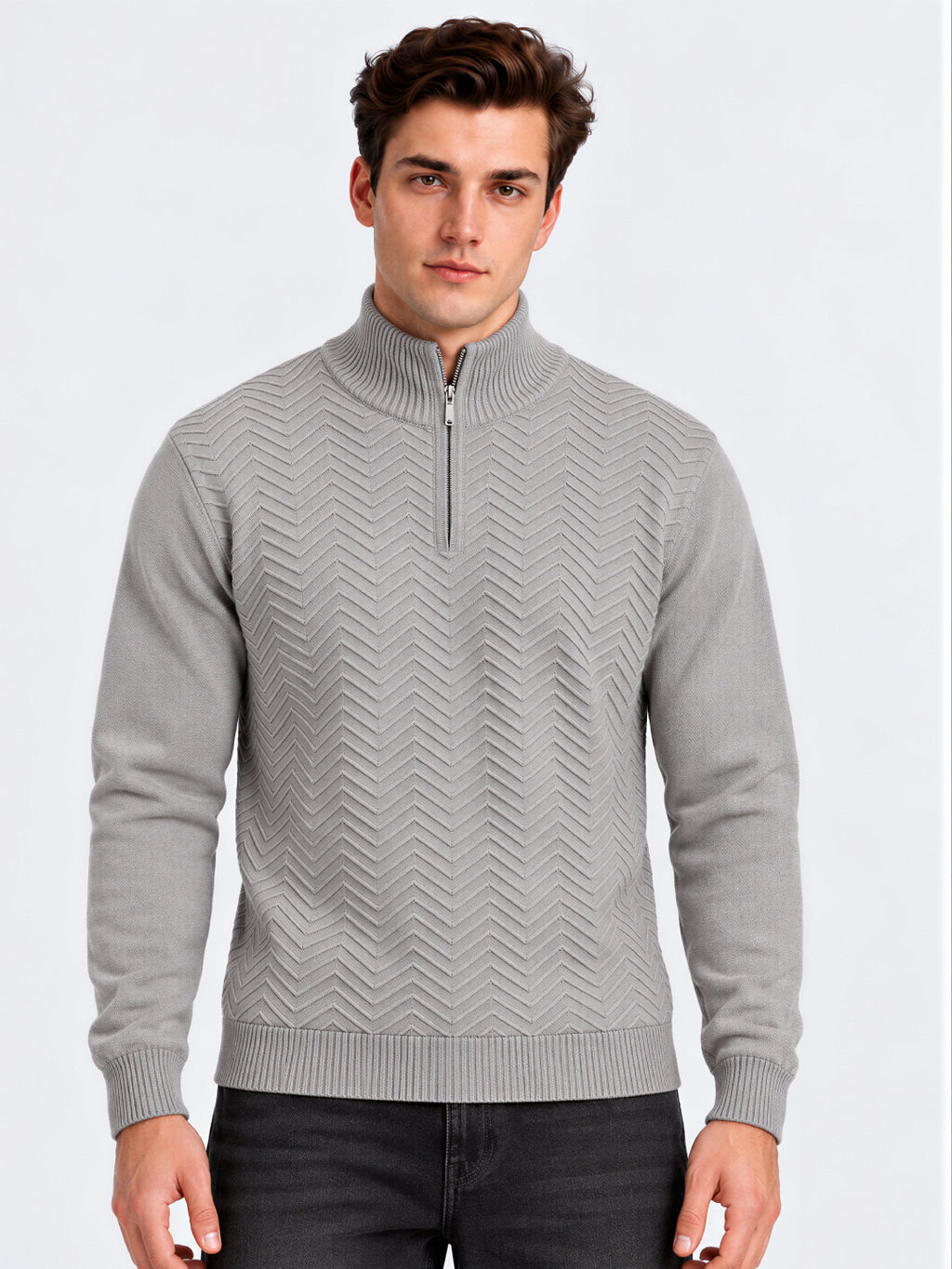 Grey Chevron Knit Half-Zip Sweater