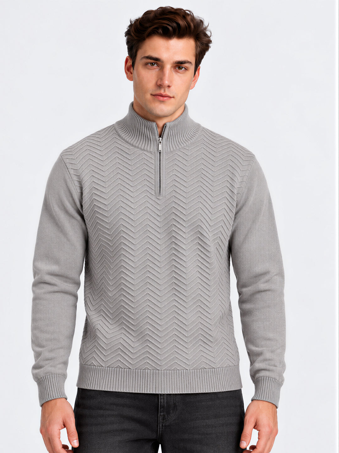 Grey Chevron Knit Half-Zip Sweater