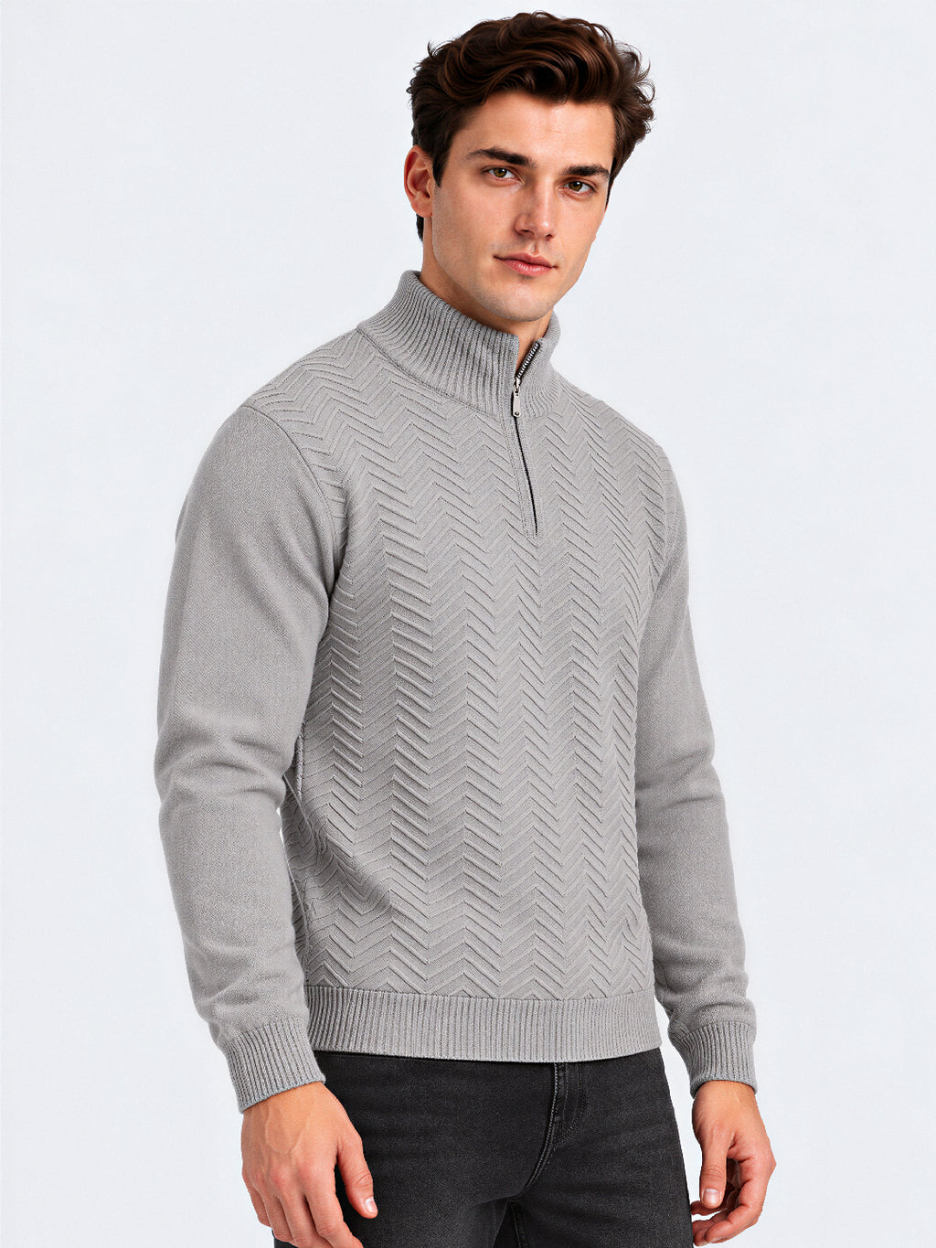 Grey Chevron Knit Half-Zip Sweater