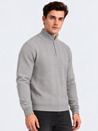 Grey Chevron Knit Half-Zip Sweater