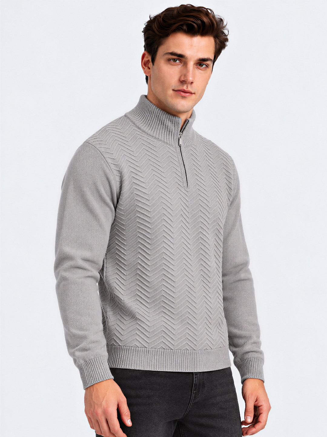Grey Chevron Knit Half-Zip Sweater