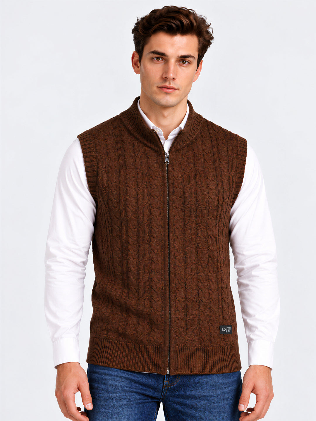 Coffee Chunky Cable Zip Cardigan