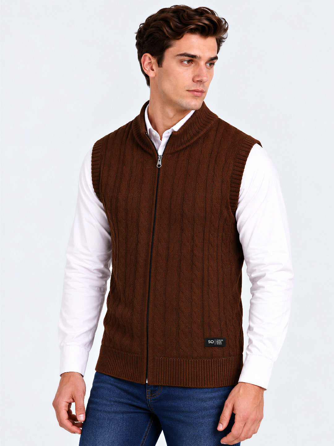Coffee Chunky Cable Zip Cardigan