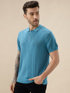 Men's Textured Geometric Polo Collar Half Sleeve Regular Fit Sweater