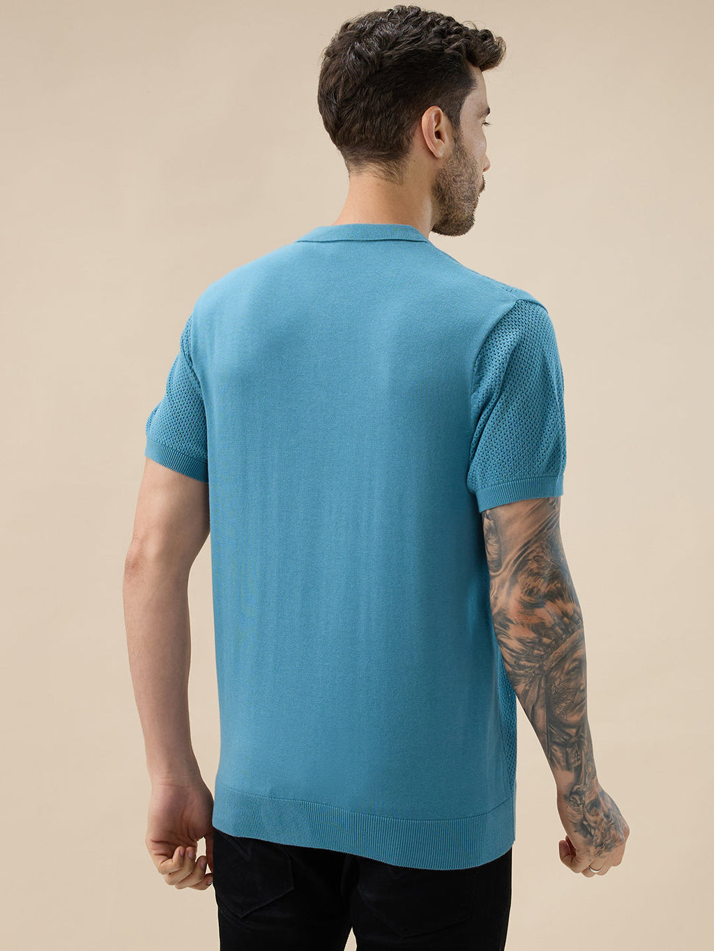 Men's Textured Geometric Polo Collar Half Sleeve Regular Fit Sweater