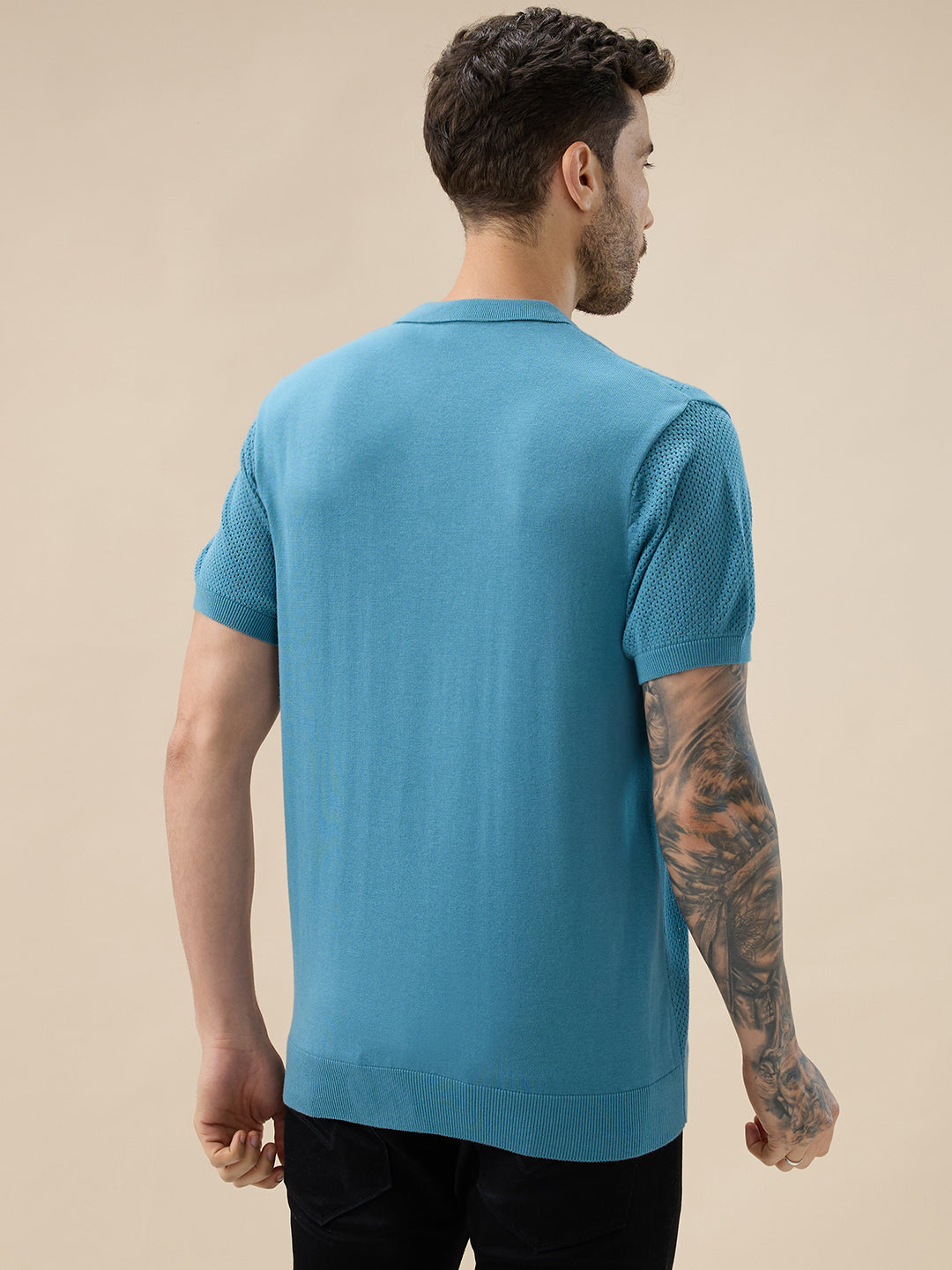 Men's Textured Geometric Polo Collar Half Sleeve Regular Fit Sweater