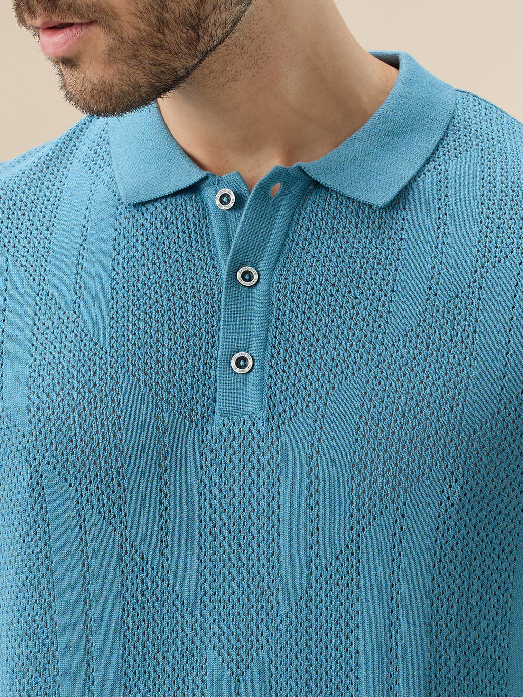 Men's Textured Geometric Polo Collar Half Sleeve Regular Fit Sweater
