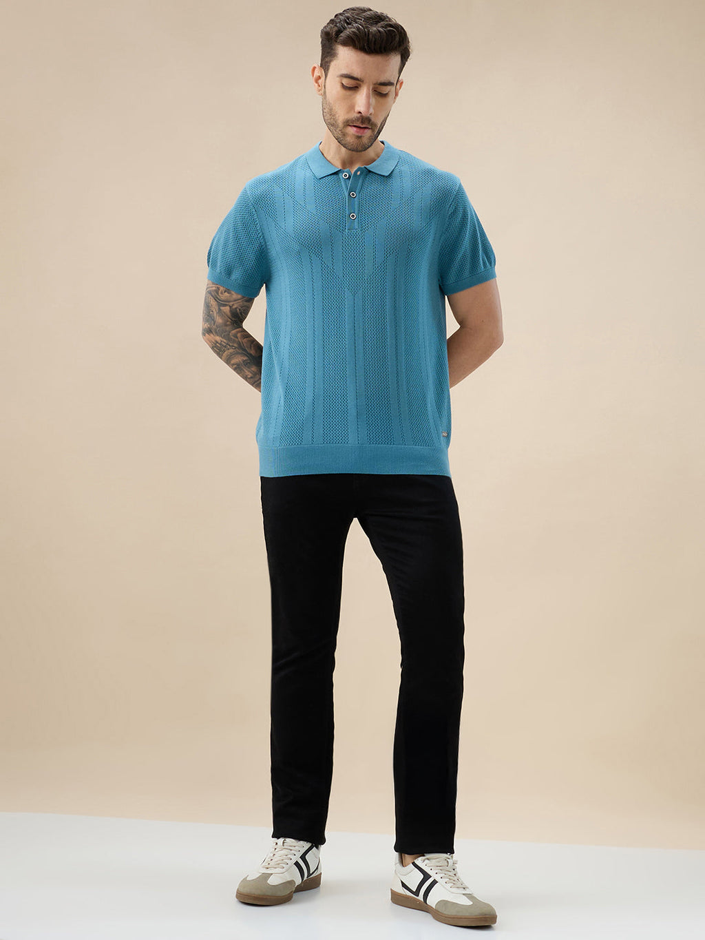 Men's Textured Geometric Polo Collar Half Sleeve Regular Fit Sweater