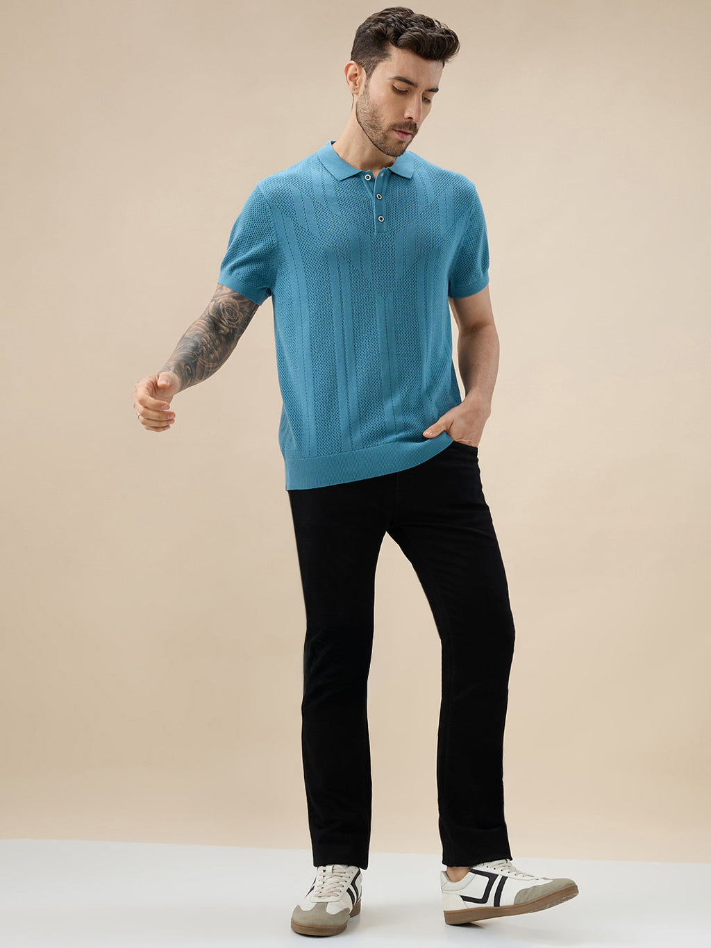 Men's Textured Geometric Polo Collar Half Sleeve Regular Fit Sweater