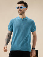 Men's Textured Geometric Polo Collar Half Sleeve Regular Fit Sweater