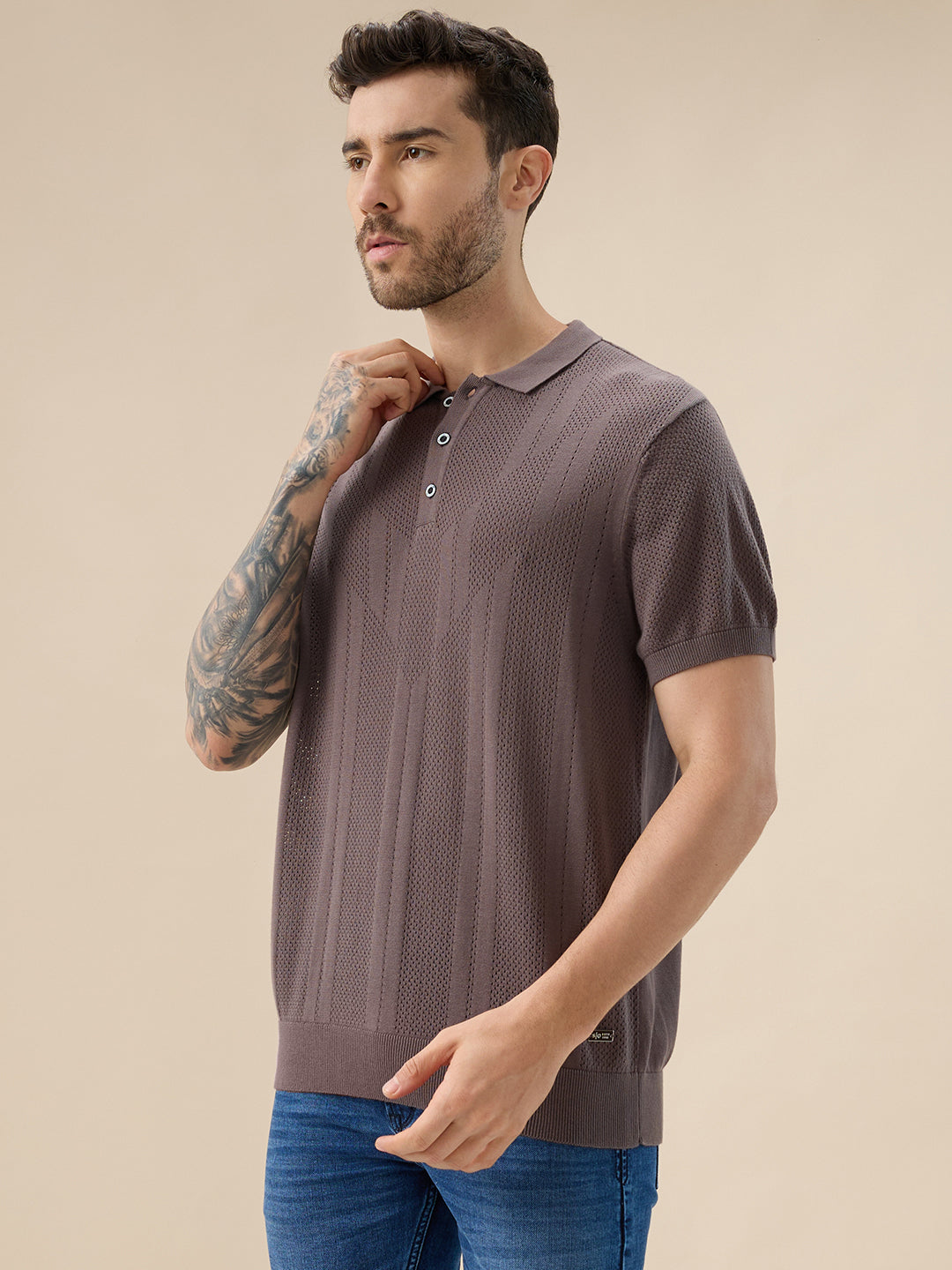 Men's Textured Geometric Polo Collar Half Sleeve Regular Fit Sweater Secondary image