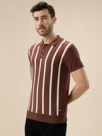 Men's Striped Polo Collar Half Sleeve Regular Fit Knit Sweater
