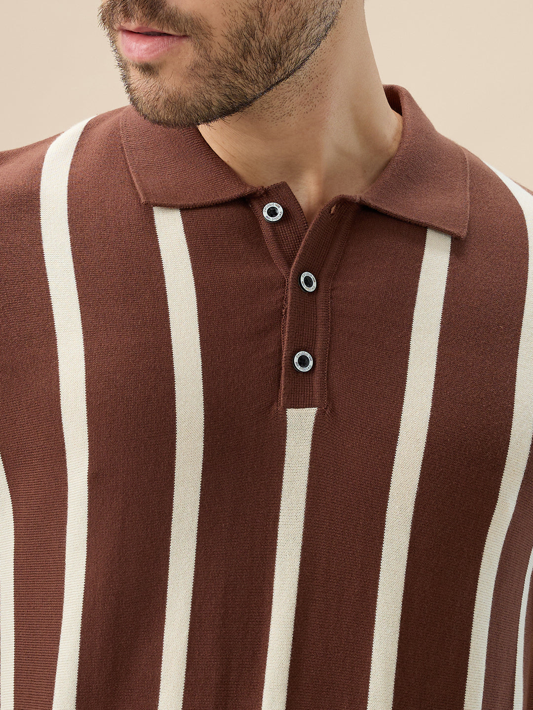 Men's Striped Polo Collar Half Sleeve Regular Fit Knit Sweater