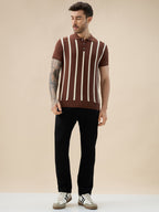 Men's Striped Polo Collar Half Sleeve Regular Fit Knit Sweater