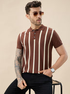 Men's Striped Polo Collar Half Sleeve Regular Fit Knit Sweater