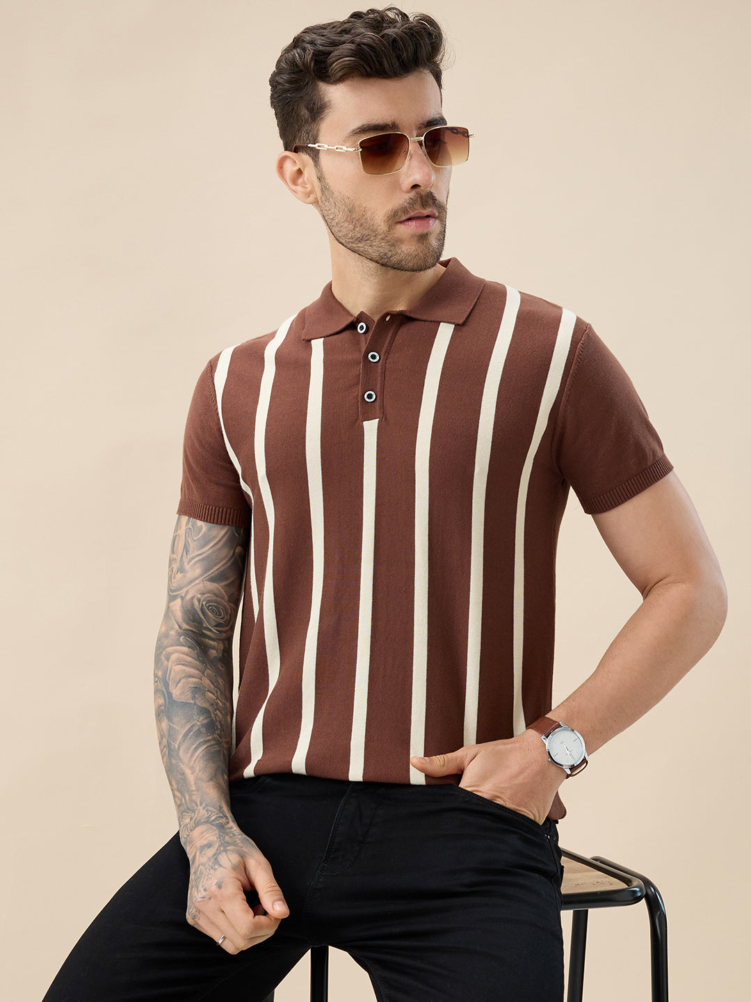 Men's Striped Polo Collar Half Sleeve Regular Fit Knit Sweater