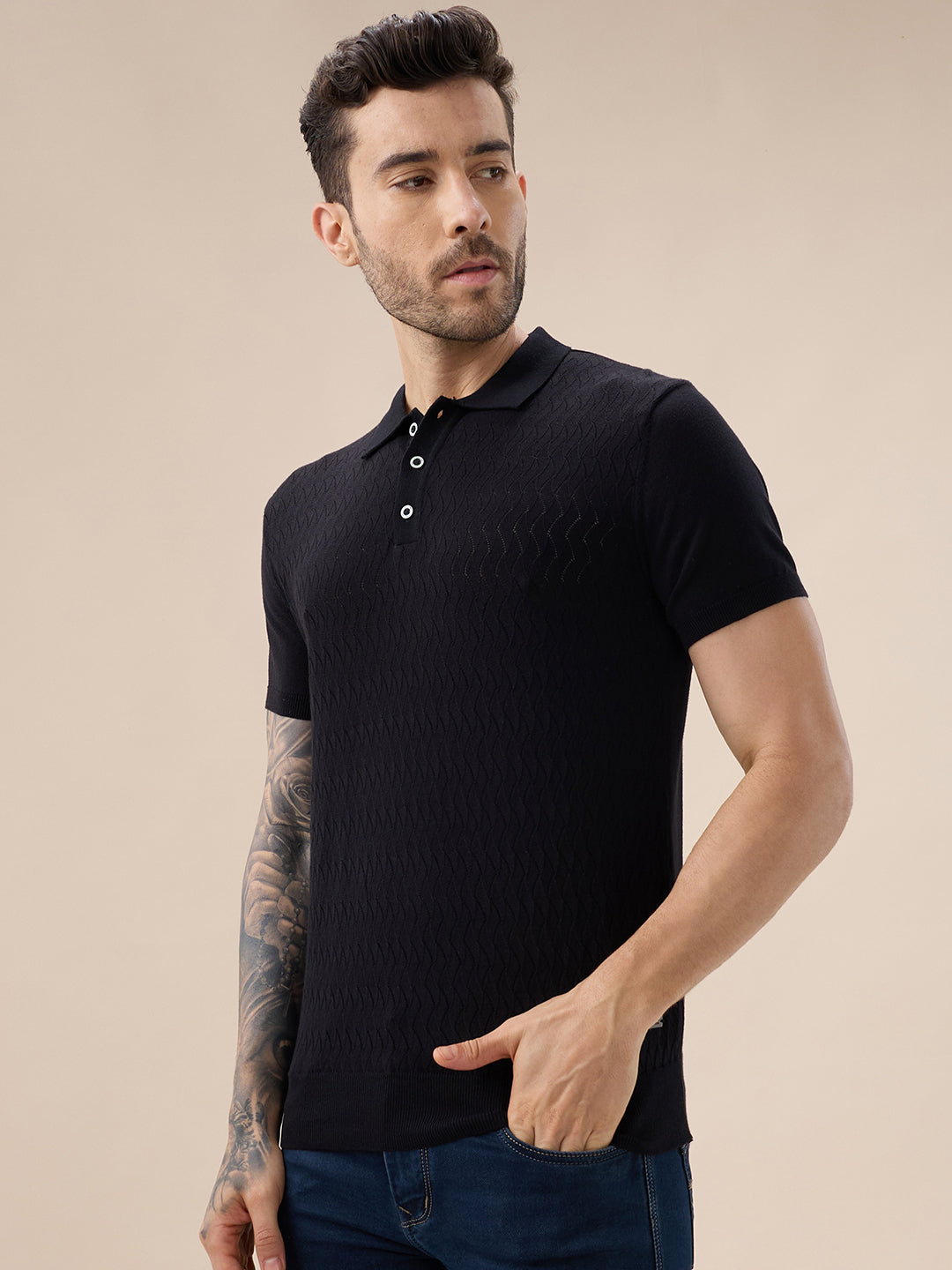 Men's Solid Textured Polo Collar Half Sleeve Open Knit Sweater Secondary image