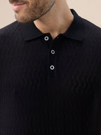 Men's Solid Textured Polo Collar Half Sleeve Open Knit Sweater
