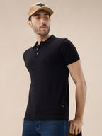 Men's Solid Textured Polo Collar Half Sleeve Open Knit Sweater