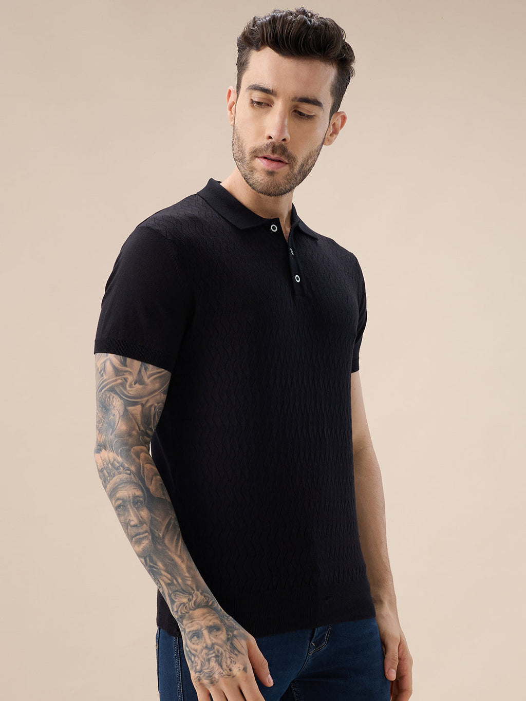 Men's Solid Textured Polo Collar Half Sleeve Open Knit Sweater