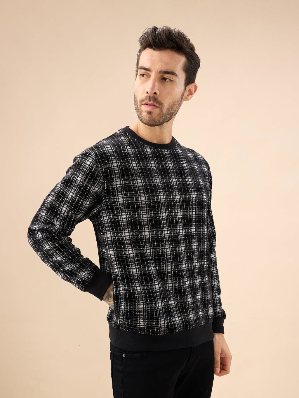 Men's Checked Print Full Sleeve Round Neck Fleece Sweatshirt