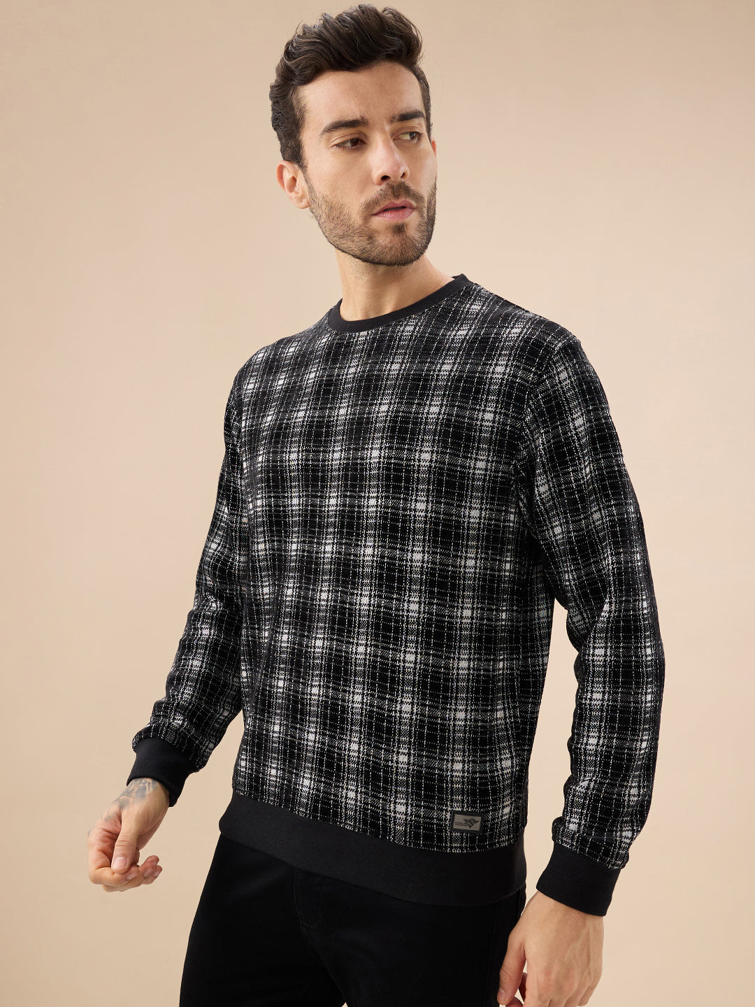 Men's Checked Print Full Sleeve Round Neck Fleece Sweatshirt