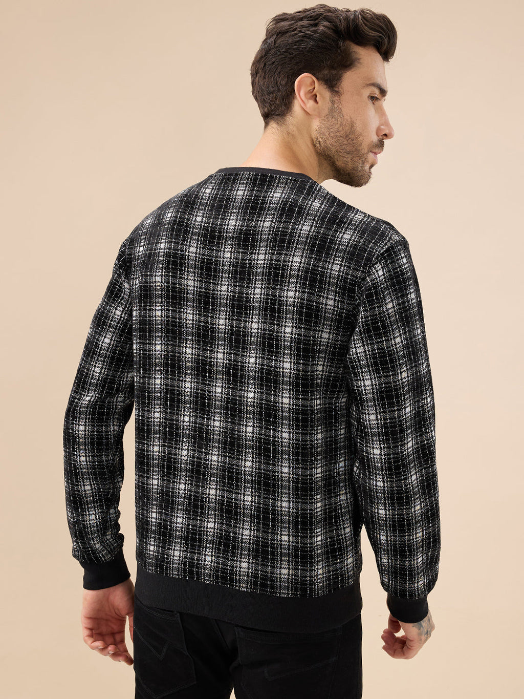 Men's Checked Print Full Sleeve Round Neck Fleece Sweatshirt