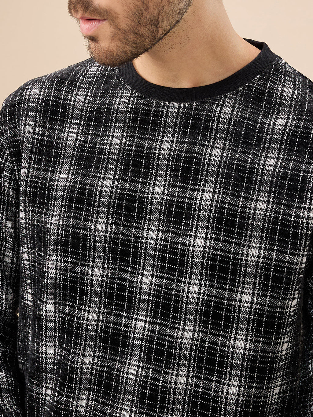 Men's Checked Print Full Sleeve Round Neck Fleece Sweatshirt