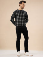 Men's Checked Print Full Sleeve Round Neck Fleece Sweatshirt