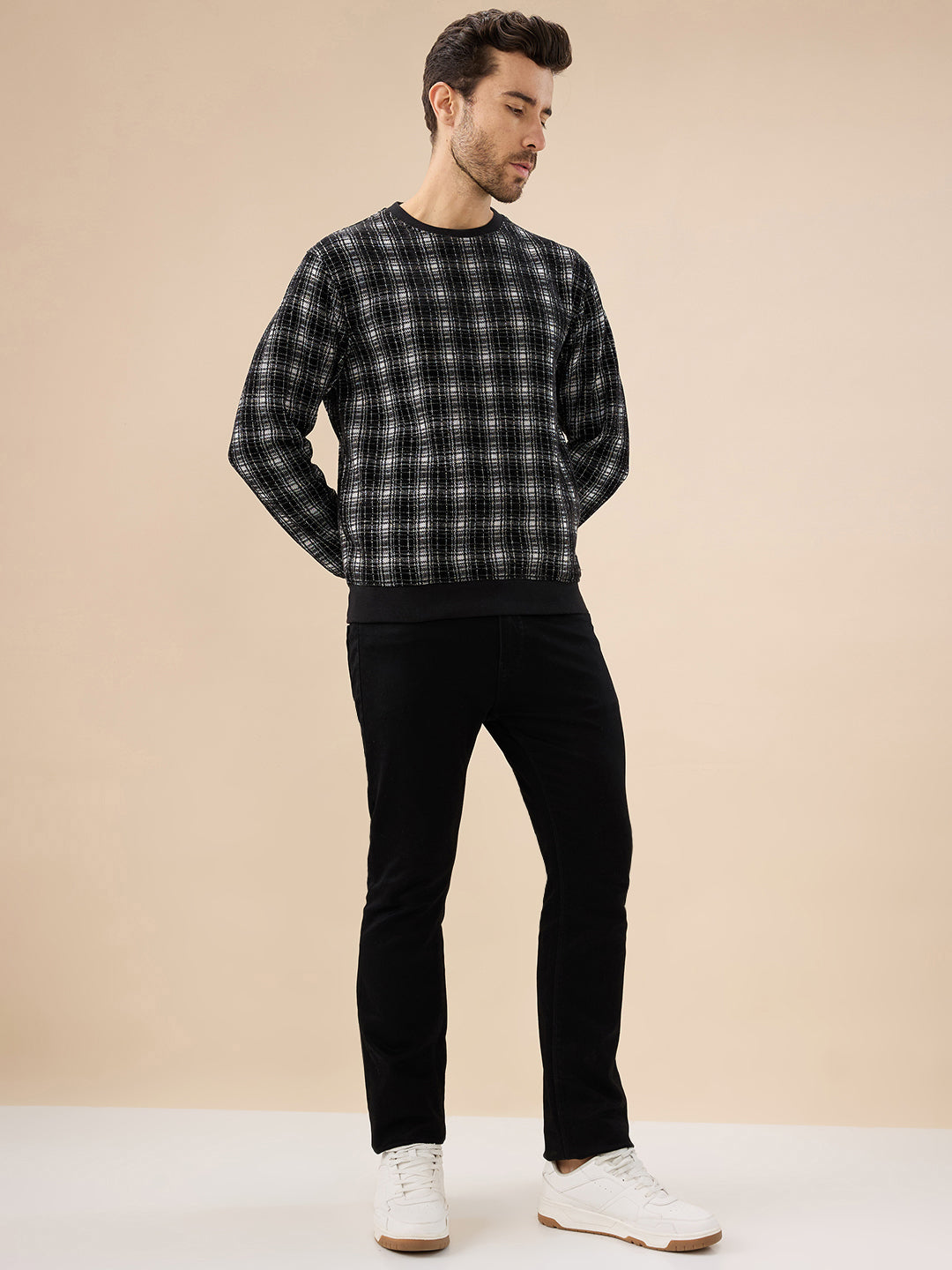 Men's Checked Print Full Sleeve Round Neck Fleece Sweatshirt