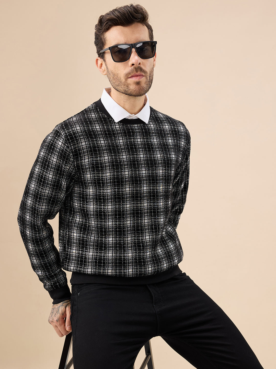 Men's Checked Print Full Sleeve Round Neck Fleece Sweatshirt
