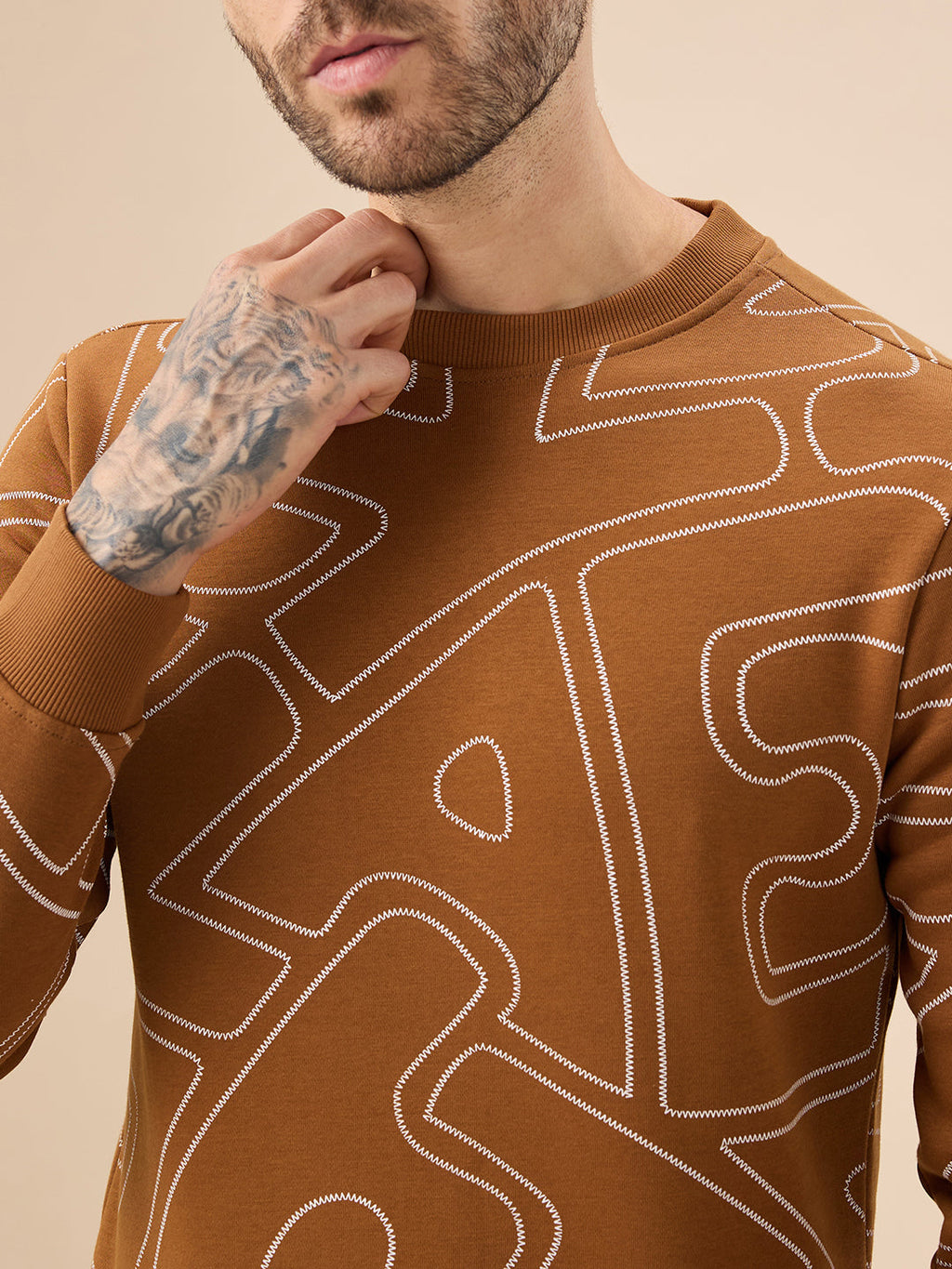 Men's All Over Typography Print Full Sleeve Round Neck Fleece Sweatshirt
